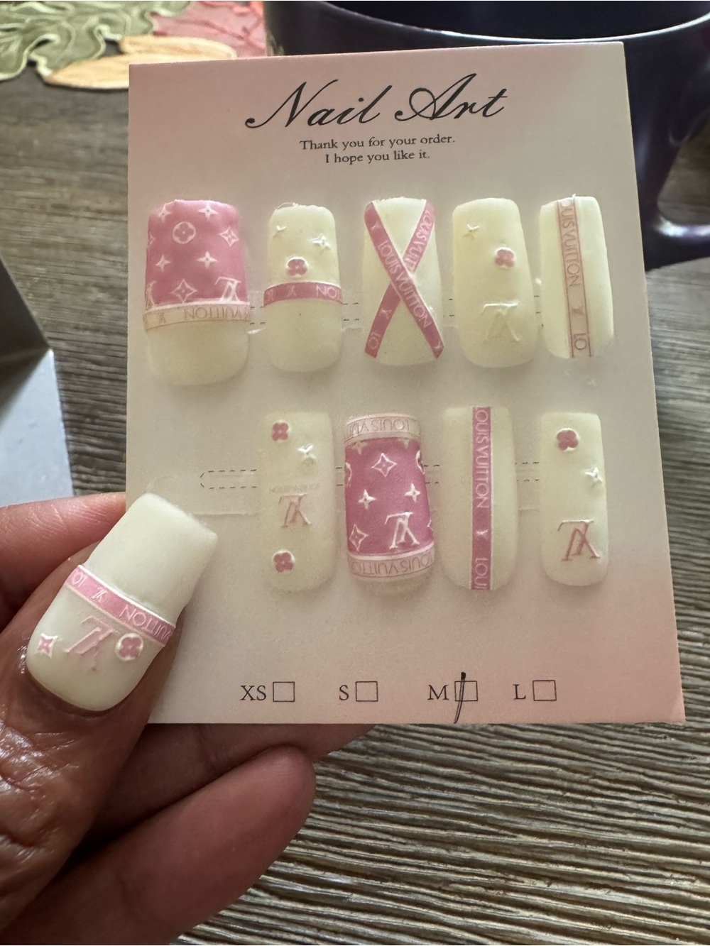 Handmade Fashion LV Print Pink & White Press On Nails (Medium Square)